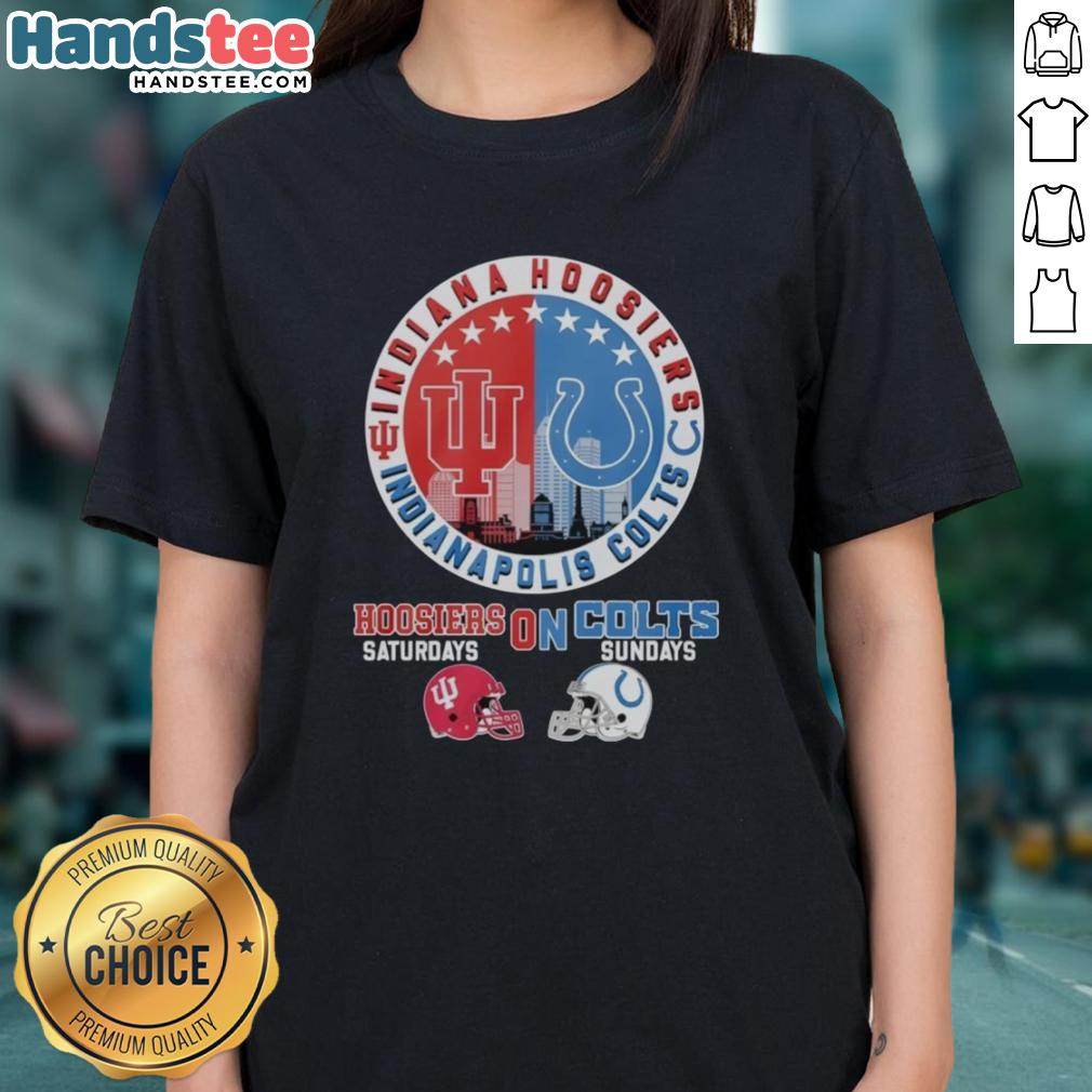 Indiana Hoosiers and Indianapolis Colts helmet logo mashup on a ladies tee, perfect for sports fans on game days.