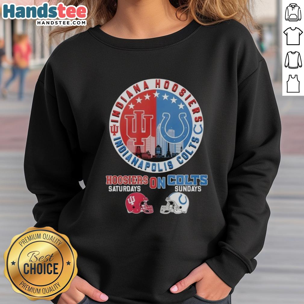 Alt Text: Indiana Hoosiers and Indianapolis Colts helmet logo mashup sweatshirt for fans, perfect for game days and casual wear.