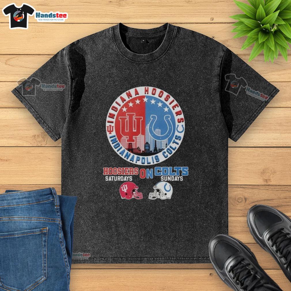 Alt Text: Indiana Hoosiers and Indianapolis Colts helmet logo mashup on a washed t-shirt for game days and fan apparel.