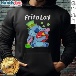 Cute Stitch hugging Frito Lay logo on a St. Patrick's Day hoodie, perfect for festive celebrations and casual wear.