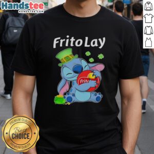 Cute Stitch hugging Frito Lay logo on a St. Patrick's Day T-shirt, perfect for festive celebrations and fans.
