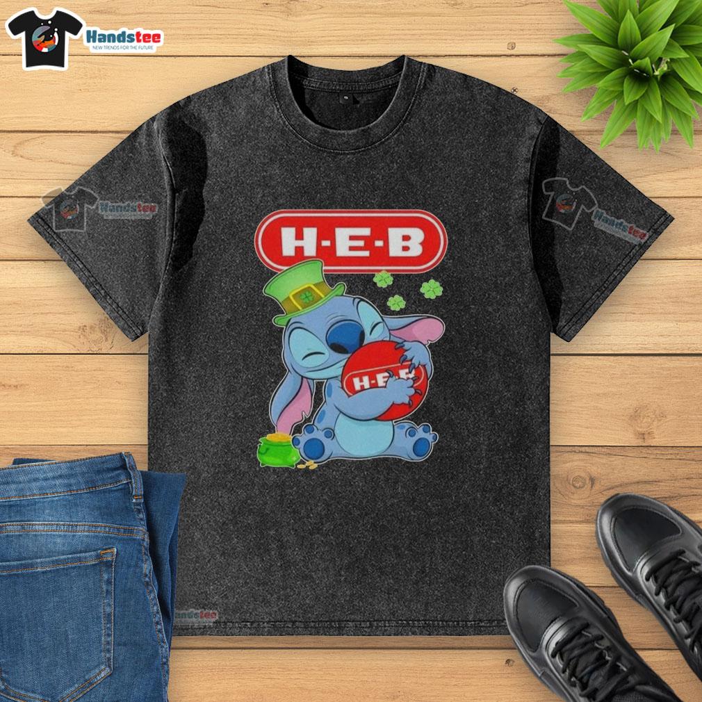Alt Text: Cute Stitch Hug H-E-B logo on a St. Patrick's Day washed t-shirt, perfect for festive celebrations and casual wear.