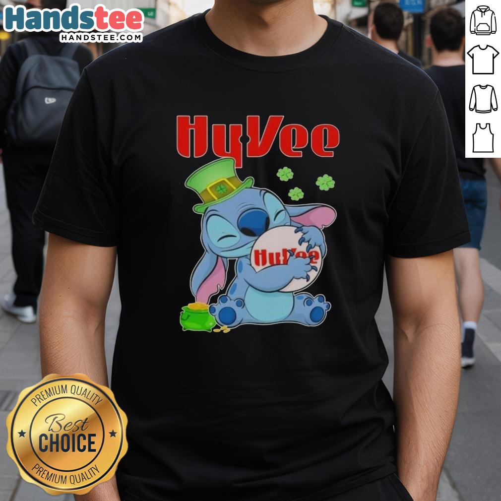Alt Text: Cute Stitch Hug St. Patrick's Day T-shirt featuring Hy-Vee logo, perfect for festive celebrations and casual wear.