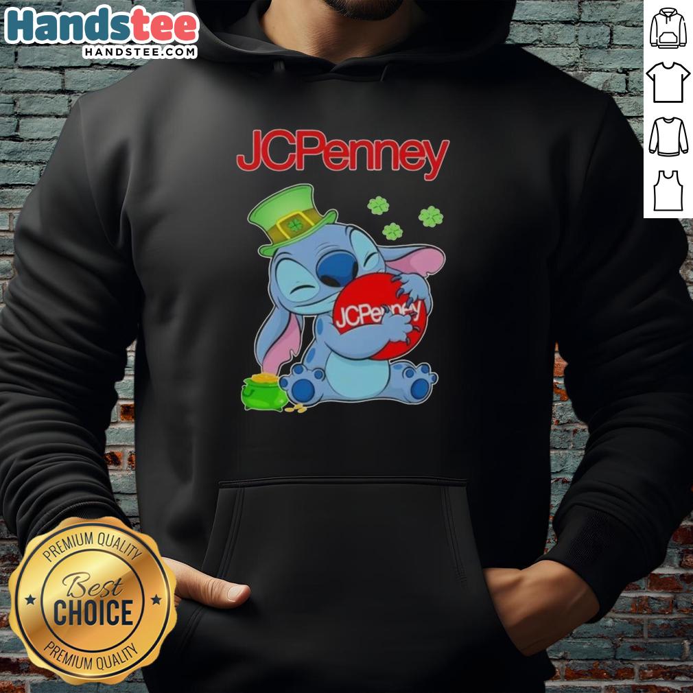 Cute Stitch hugging JCPenney logo on a St. Patrick's Day hoodie, perfect for festive celebrations.