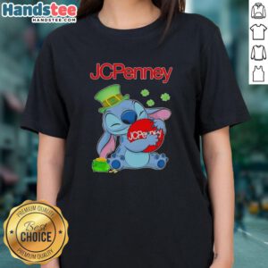 Alt Text: Cute Stitch hugging JCPenney logo on St. Patrick's Day ladies tee, perfect for festive celebrations.