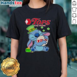 Cute Stitch Hug Tops St. Patrick's Day ladies tee featuring a friendly markets logo, perfect for festive celebrations.