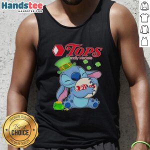 Alt Text: Cute Stitch Hug Tops Friendly Markets logo on a St. Patrick's Day tank top, perfect for festive celebrations.