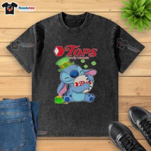 Cute Stitch Hug Tops Friendly Markets logo on a St. Patrick's Day washed t-shirt design for festive apparel.