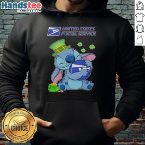 Adorable Stitch hugging USPS logo on a St. Patrick's Day hoodie, perfect for festive celebrations and Disney fans.