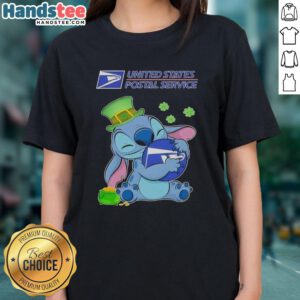 Alt Text: Cute Stitch Hug USPS Logo St. Patrick's Day Ladies Tee featuring a festive green design and playful graphics.