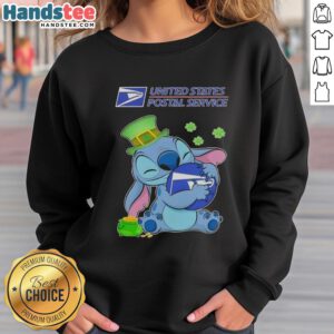 Alt Text: Cute Stitch hugging USPS logo on St. Patrick's Day sweatshirt, perfect for festive celebrations and cozy style.