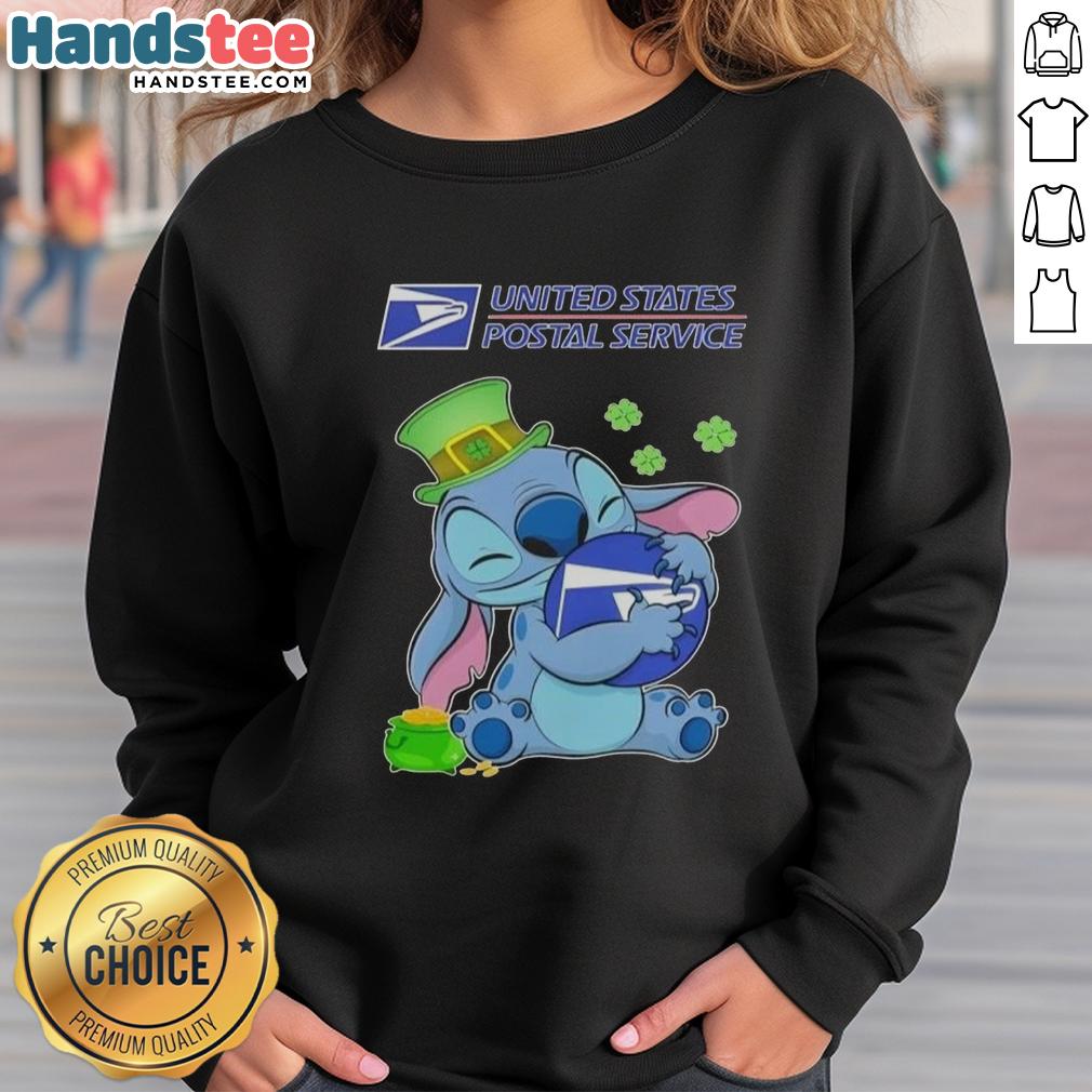 Alt Text: Cute Stitch hugging USPS logo on St. Patrick's Day sweatshirt, perfect for festive celebrations and cozy style.