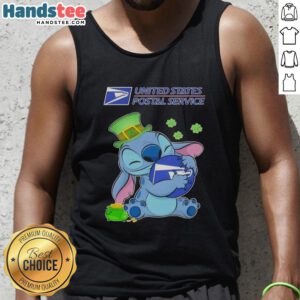 Cute Stitch hugging USPS logo on a St. Patrick's Day tank top, perfect for festive celebrations and Disney fans.