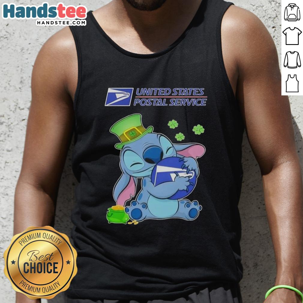 Cute Stitch hugging USPS logo on a St. Patrick's Day tank top, perfect for festive celebrations and Disney fans.