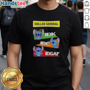 Alt Text: Cute Stitch X Dollar General t-shirt featuring Idk I Don't Care Idgaf text design in vibrant colors.
