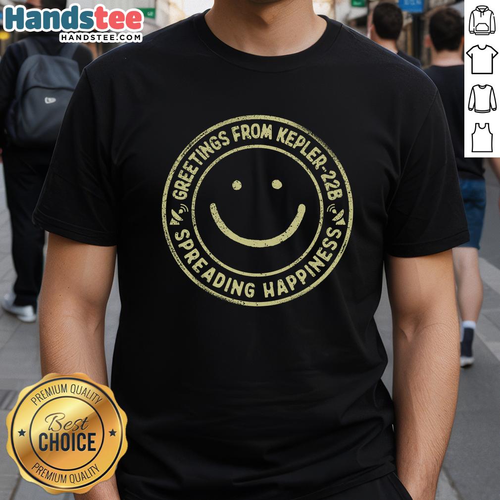 Good Greetings From Kepler22B T-Shirt featuring a vibrant space design, perfect for sci-fi enthusiasts and space lovers.