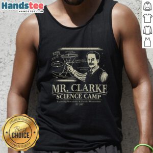 Good Mr. Clarke's Science Camp tank top featuring vibrant graphics, perfect for summer fun and outdoor adventures.