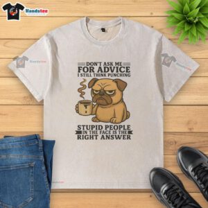 Funny pug wearing a washed t-shirt with a humorous quote about punching stupid people for advice.