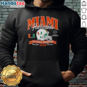 Alt Text: Miami Hurricanes CFP National Championship 2026 helmet and hoodie displayed together, showcasing team spirit and style.