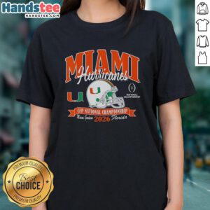 Alt Text: Miami Hurricanes CFP National Championship 2026 helmet featured on a ladies' tee, showcasing team spirit and style.
