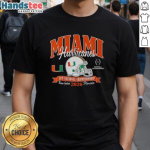 Alt Text: Miami Hurricanes CFP National Championship 2026 helmet and t-shirt showcase team spirit for the upcoming season.