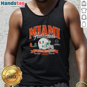 Alt Text: Miami Hurricanes CFP National Championship 2026 helmet and tank top design, showcasing team spirit and pride.