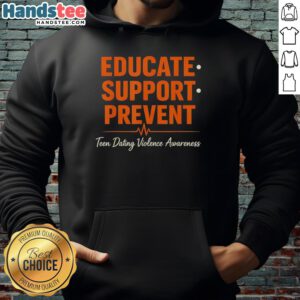 Heartbeat hoodie promoting teen dating violence awareness with 'Nice Educate Support Prevent' message.
