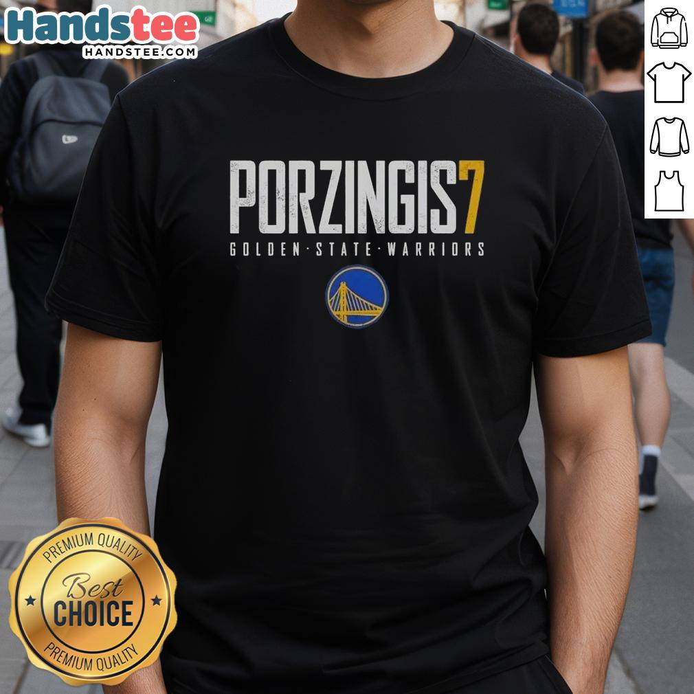 Alt Text: Nice Kristaps Porzingis 7 Golden State Warriors basketball elite t-shirt featuring team colors and logo design.