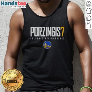 Alt Text: Kristaps Porzingis wearing a Golden State Warriors Elite tank top, showcasing his basketball style and athleticism.