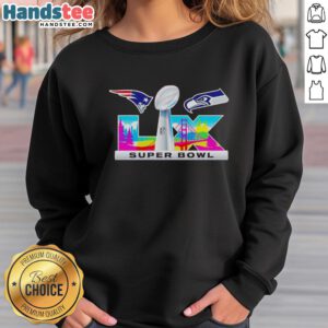 Nice New England Patriots vs Seattle Seahawks Super Bowl LIX logo sweatshirt featuring bold team graphics.