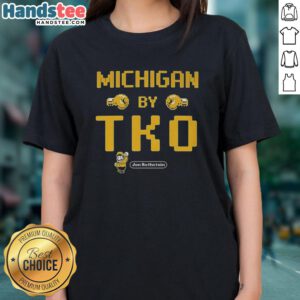 Alt Text: Official Michigan by TKO Jon Rothstein ladies tee featuring stylish design and team colors for fans.