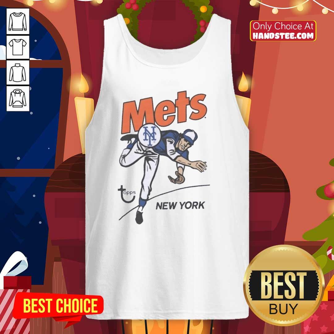 Alt Text: Official Topps New York Mets raglan tank top featuring team colors and logo, perfect for summer sportswear.