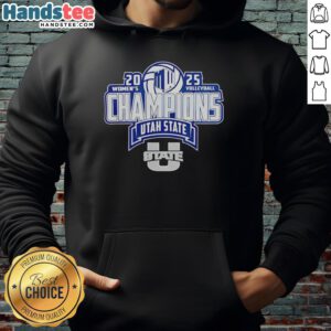 Alt Text: Official Utah State Aggies 2025 Mountain West Women's Volleyball Champions hoodie featuring team colors and logo.