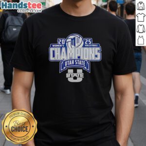Official Utah State Aggies 2025 Mountain West Women's Volleyball Champions T-Shirt in blue with team logo and championship design.