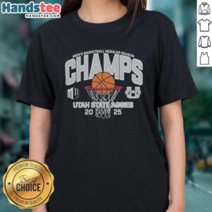 Official Utah State Aggies Men's Basketball 2025 Mountain West Champions ladies tee showcasing team pride and style.
