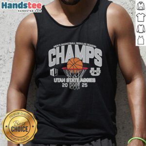 Utah State Aggies Men's Basketball 2025 Mountain West Champions tank top, featuring team colors and logo design.