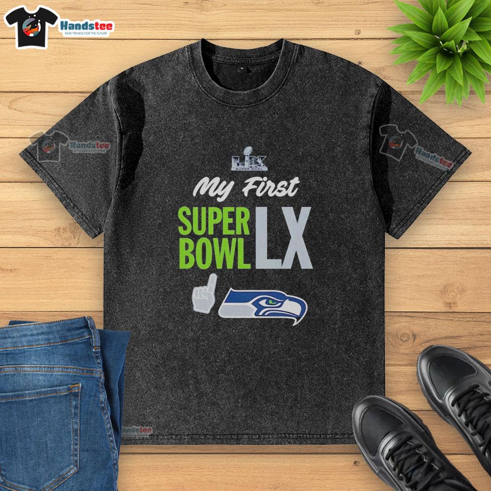 Original Seahawks Super Bowl My First Super Bowl LX washed t-shirt in blue, perfect for fans celebrating the big game.