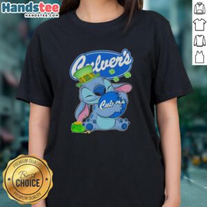 Original Stitch Hug The Culvers logo on a Happy St. Patrick's Day ladies tee in vibrant green design.