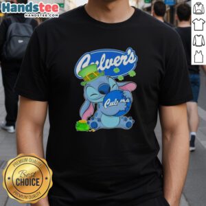 Alt Text: Original Stitch Hug The Culver's Logo Happy Patrick's Day T-Shirt featuring a festive design for St. Patrick's Day.