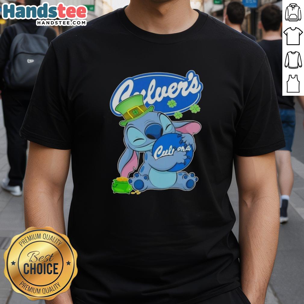 Alt Text: Original Stitch Hug The Culver's Logo Happy Patrick's Day T-Shirt featuring a festive design for St. Patrick's Day.