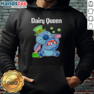 Happy St. Patrick's Day hoodie featuring the Original Stitch Hug The Dairy Queen logo, perfect for festive celebrations.