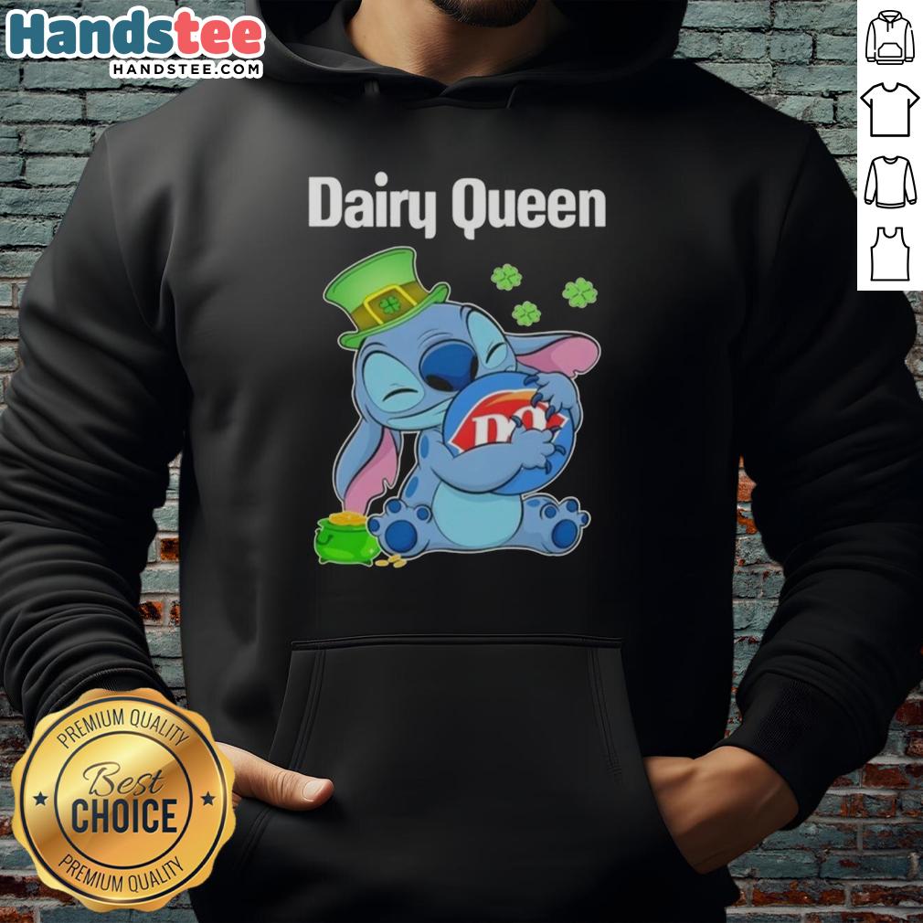 Happy St. Patrick's Day hoodie featuring the Original Stitch Hug The Dairy Queen logo, perfect for festive celebrations.