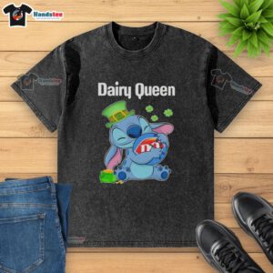 Happy St. Patrick's Day washed t-shirt featuring the Original Stitch Hug The Dairy Queen logo in vibrant colors.
