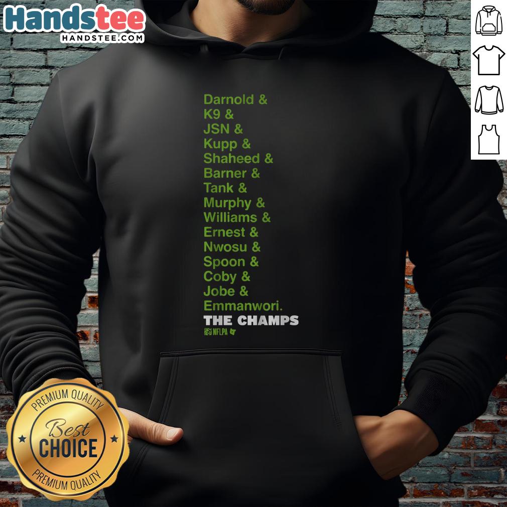 Premium Seattle Football Champs List Hoodie featuring team logos and championship years for dedicated fans.