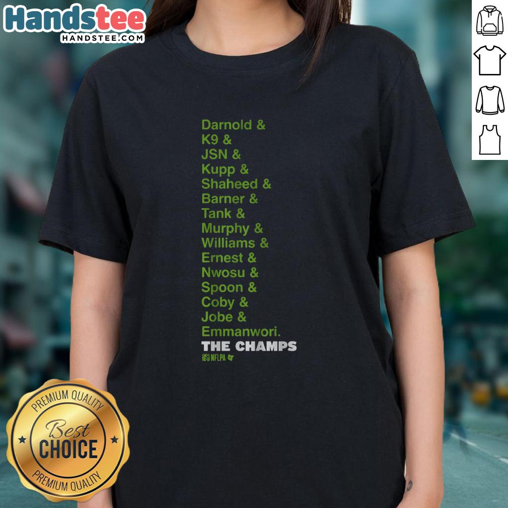 Premium Seattle Football Champs List Ladies Tee showcasing team pride with vibrant graphics and stylish design.