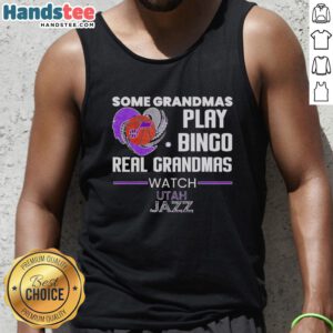 Grandmas enjoying Bingo while wearing a Utah Jazz tank top, showcasing the fun of Premium Some Grandmas Play Bingo.