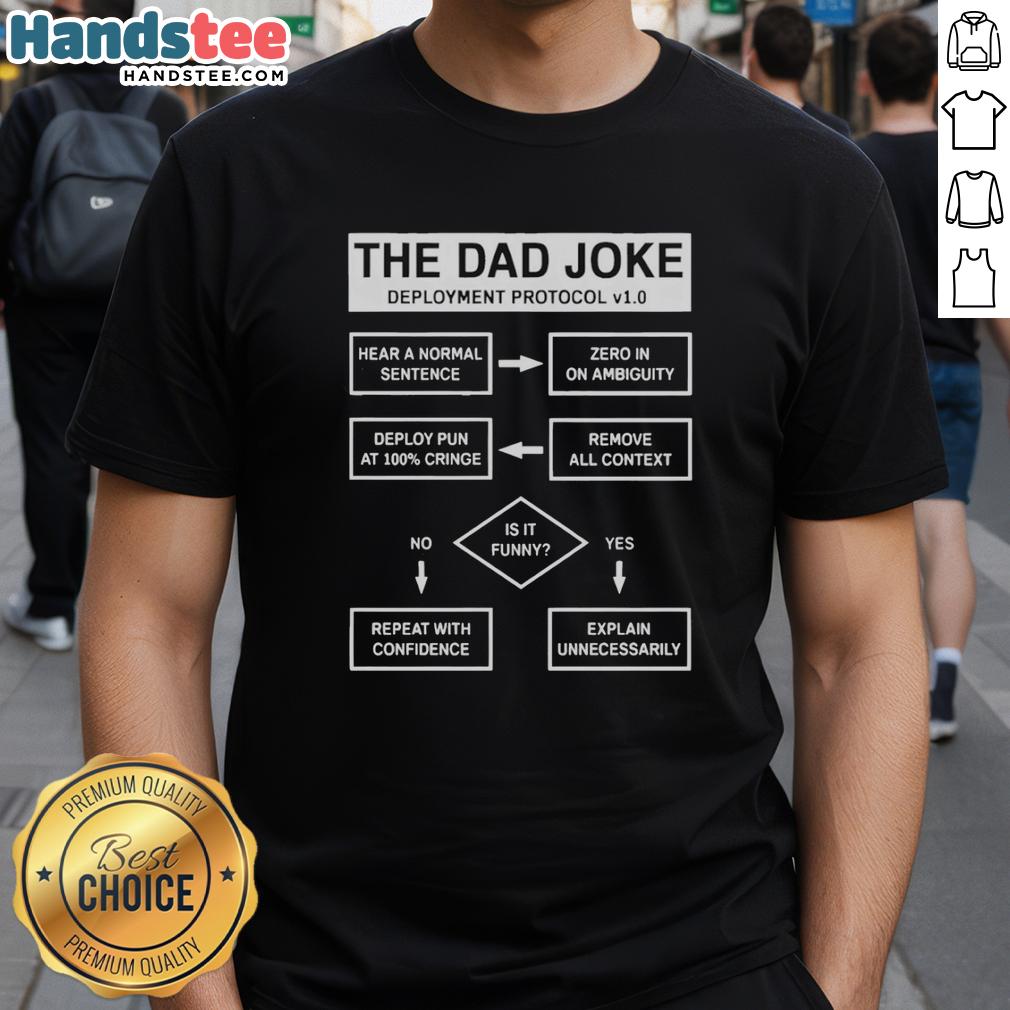 Premium The Dad Joke Deployment Protocol T-Shirt featuring a humorous design for dad joke enthusiasts.