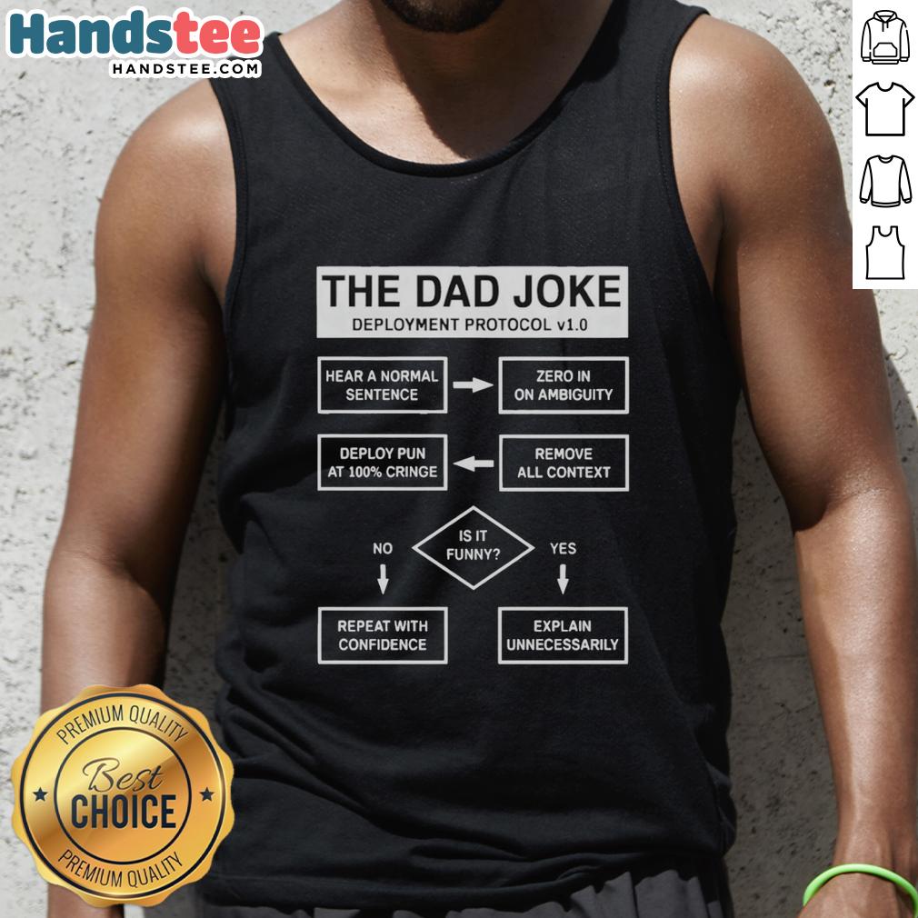 Alt Text: Premium Dad Joke Deployment Protocol Tank Top featuring a humorous design for dads who love puns and jokes.