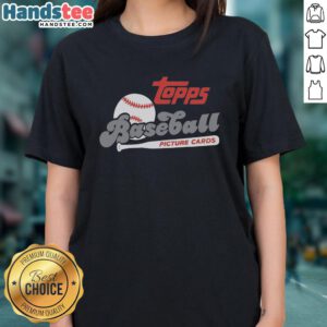 Premium Topps baseball picture cards retro raglan ladies tee featuring vibrant graphics and a stylish design.