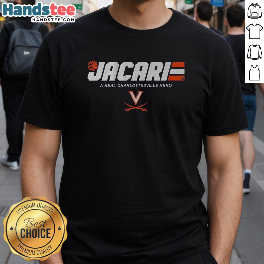Alt Text: Premium Uva Basketball Jacari White T-Shirt showcasing a Charlottesville hero design in bold colors and style.